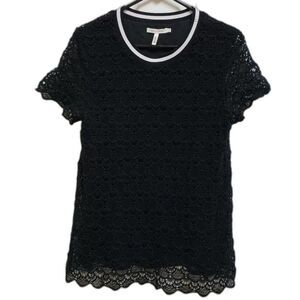 Avec Les Filles Blouse Womens Size L Black Lace Overlay Short Slv Lined Pullover